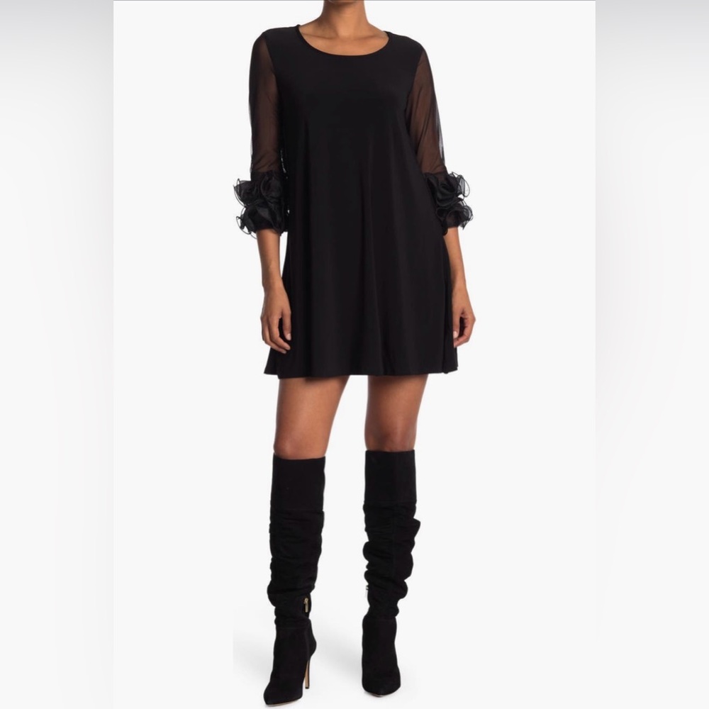 Nina Leonard Ruffle Mesh Sleeve Dress‎ Black Size 2X